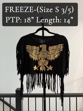 Freeze Black Fringe Crop Top with Metallic Gold Eagle